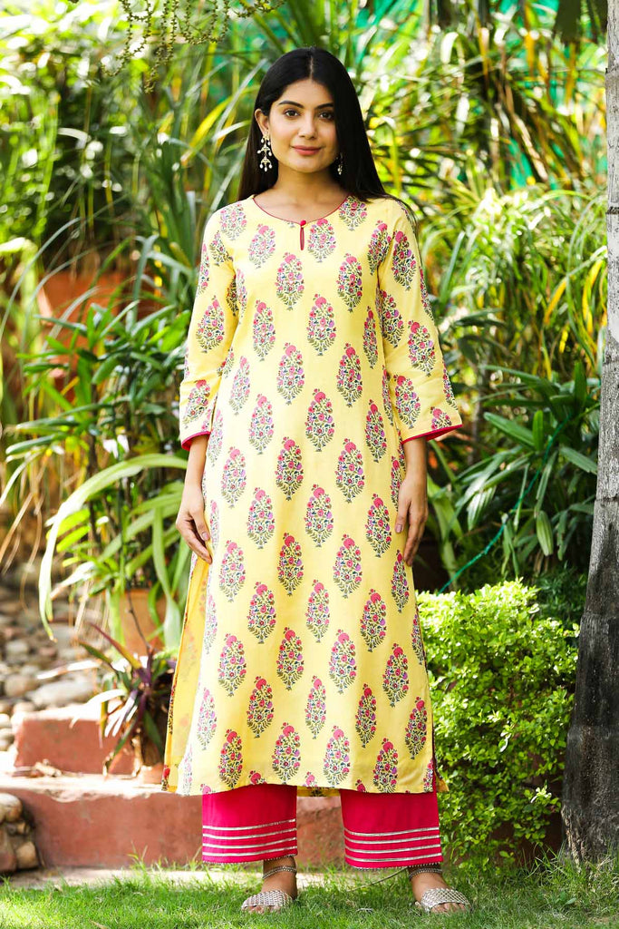 Yellow Straight Fit Hand Block Print Kurta In Modaal Silk Fabric