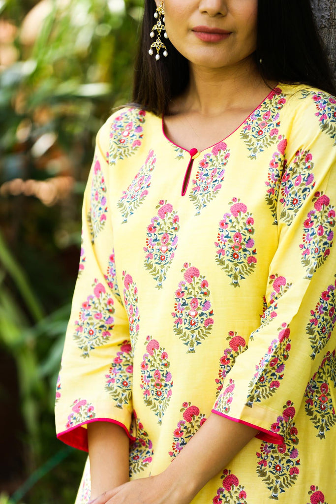 Yellow Straight Fit Hand Block Print Kurta In Modaal Silk Fabric