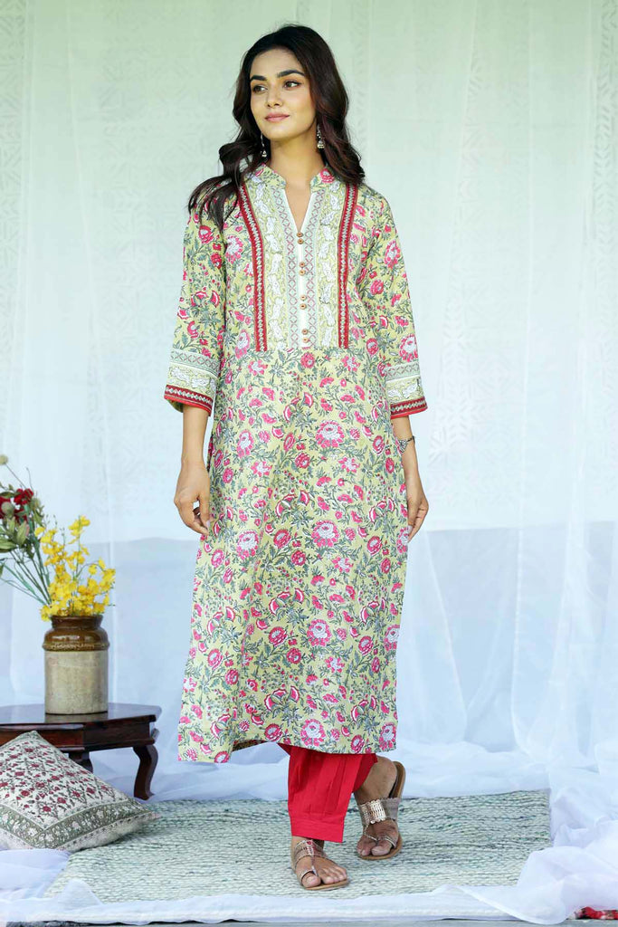 Mehndi Green Hand Block Kurta In Straight Fit