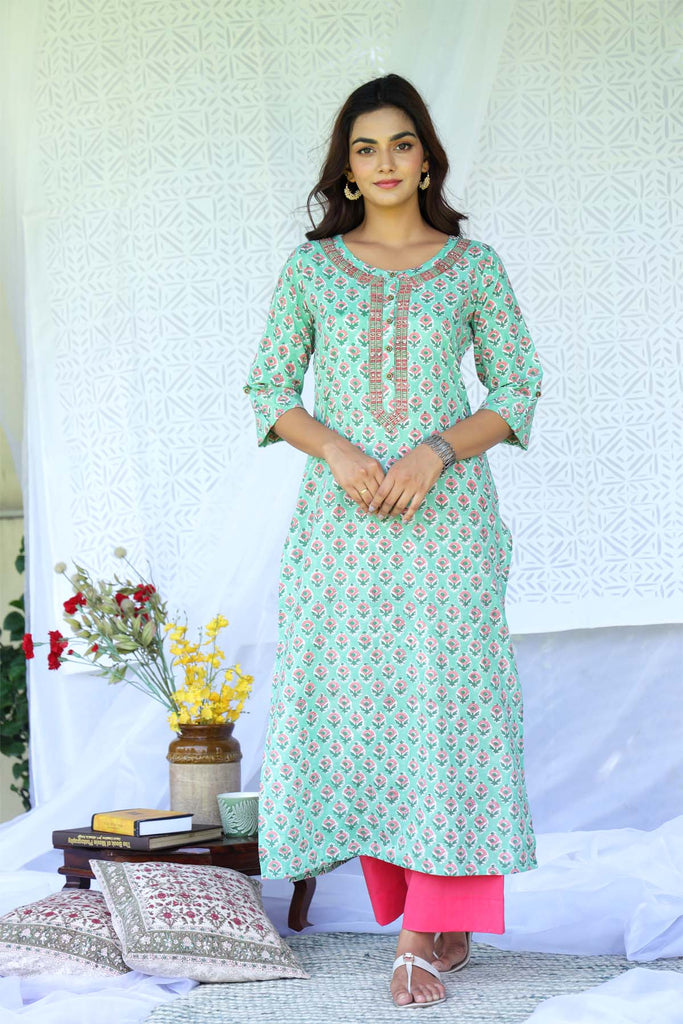 Straight Fit Hand Block Printed Kurta In Jade Green Color