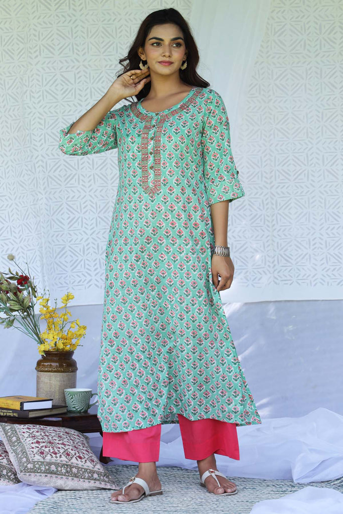 Straight Fit Hand Block Printed Kurta In Jade Green Color