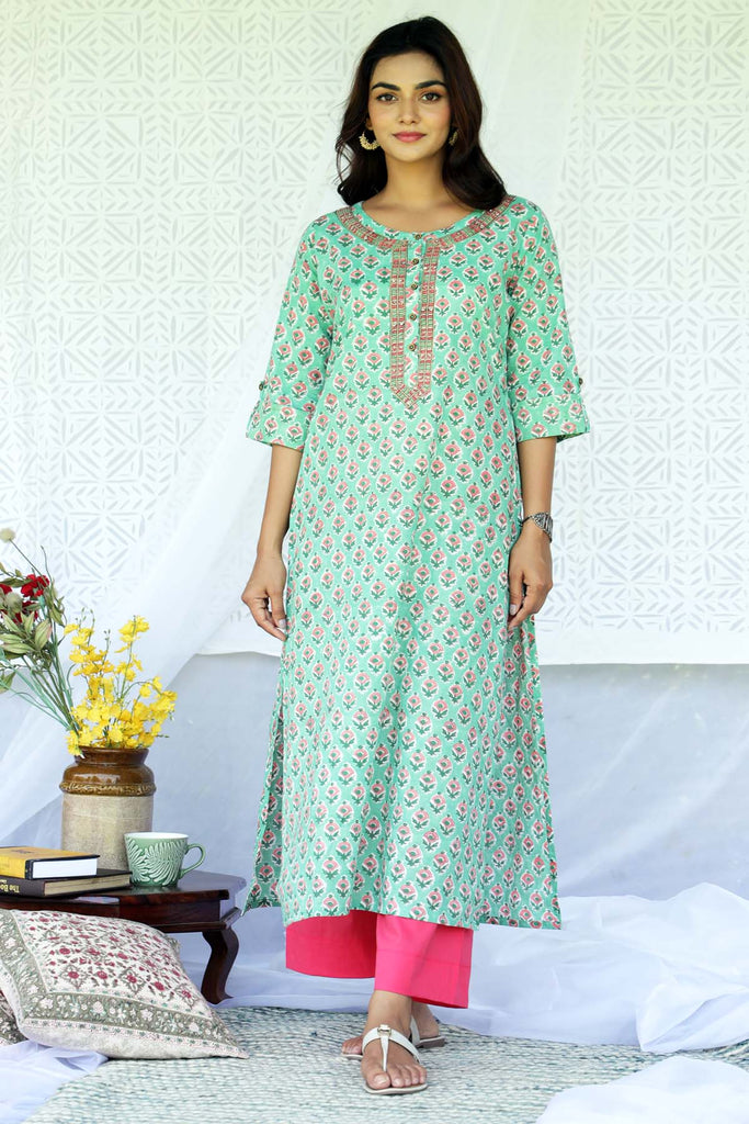 Straight Fit Hand Block Printed Kurta In Jade Green Color