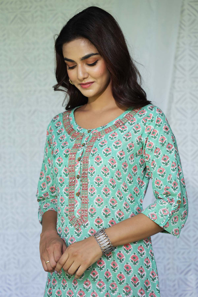 Straight Fit Hand Block Printed Kurta In Jade Green Color