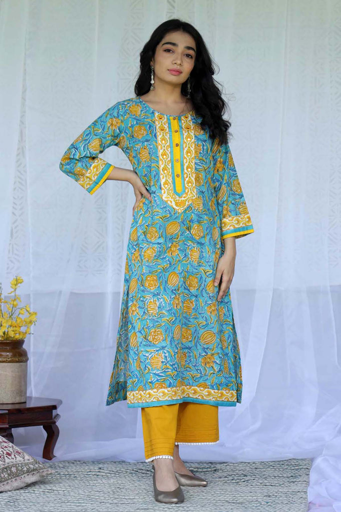Straight Fit Hand Block Printed Kurta In Firozi Blue Color
