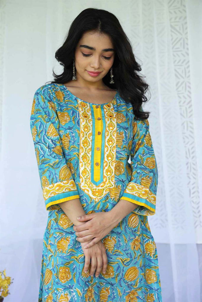 Straight Fit Hand Block Printed Kurta In Firozi Blue Color