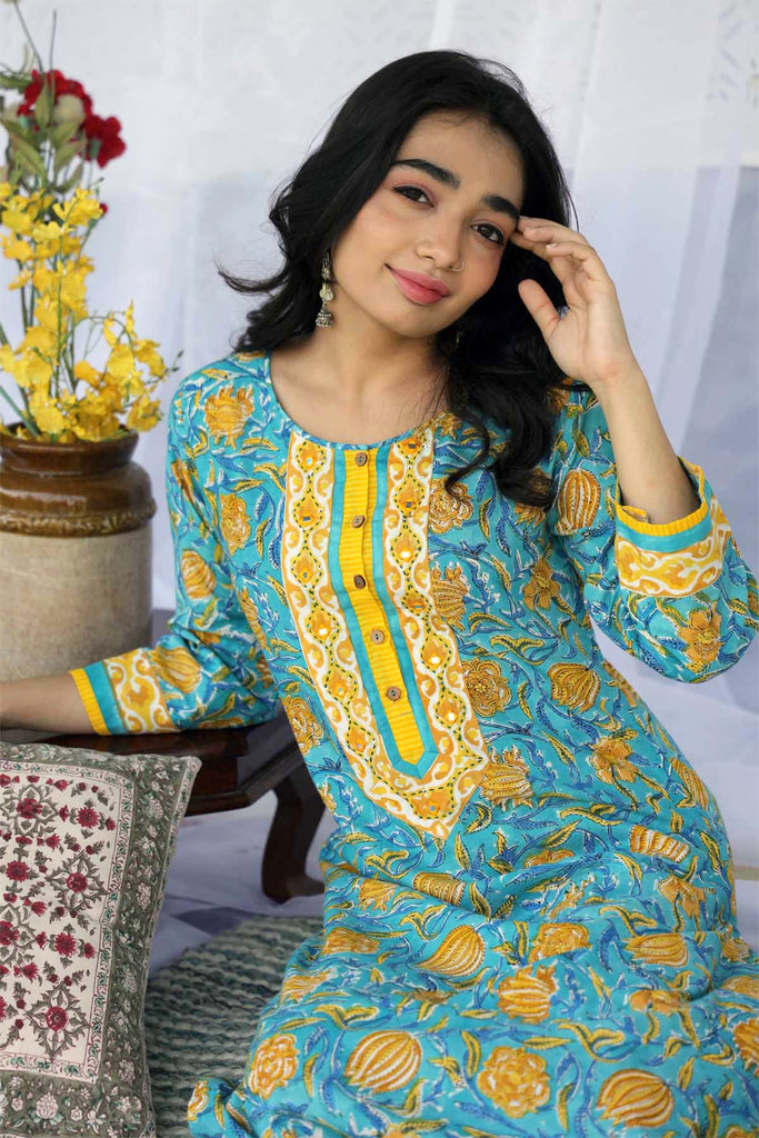 Straight Fit Hand Block Printed Kurta In Firozi Blue Color