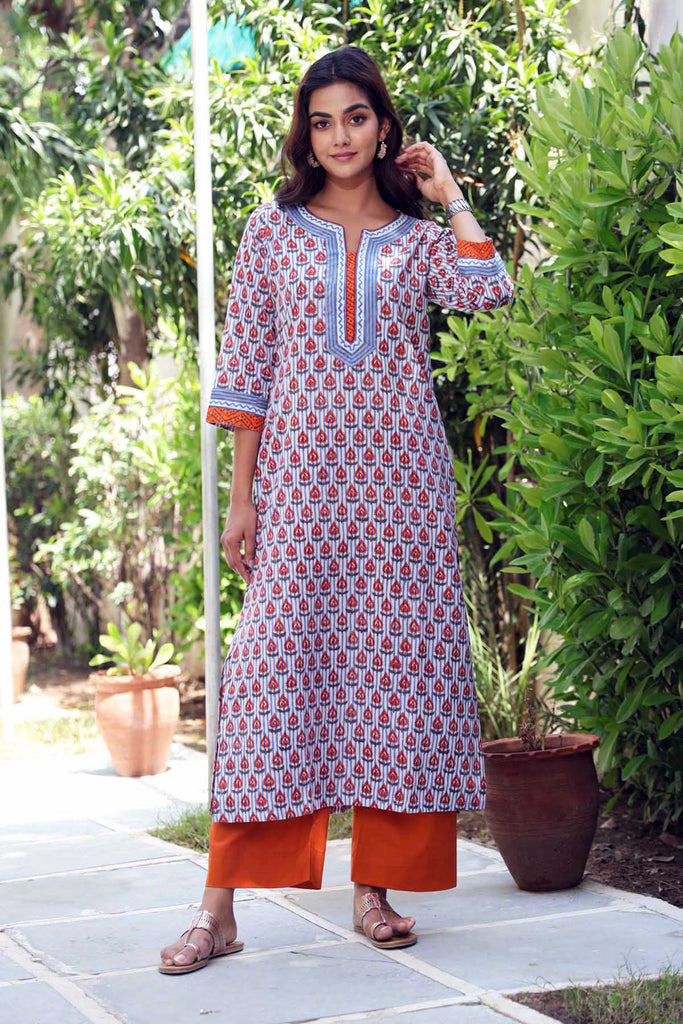 Straight Fit Hand Block Printed Kurta In Chalk White Base Color