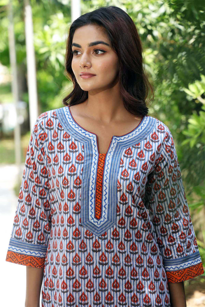 Straight Fit Hand Block Printed Kurta In Chalk White Base Color