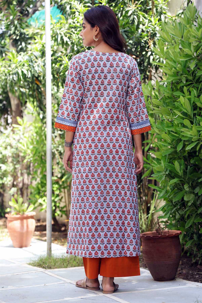 Straight Fit Hand Block Printed Kurta In Chalk White Base Color