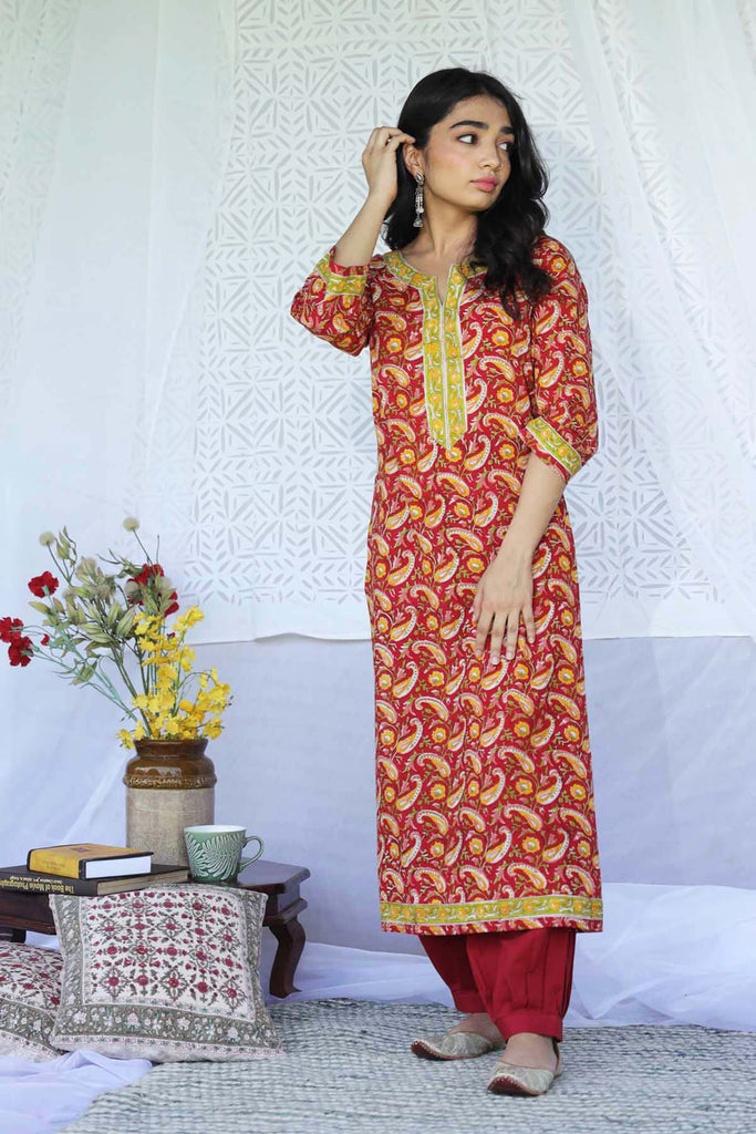 Straight Fit Hand Block Printed Kurta In Deep Red Color