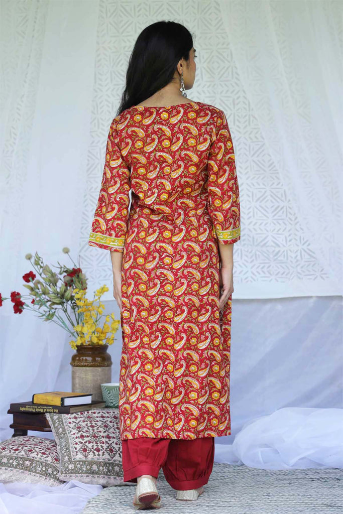 Straight Fit Hand Block Printed Kurta In Deep Red Color