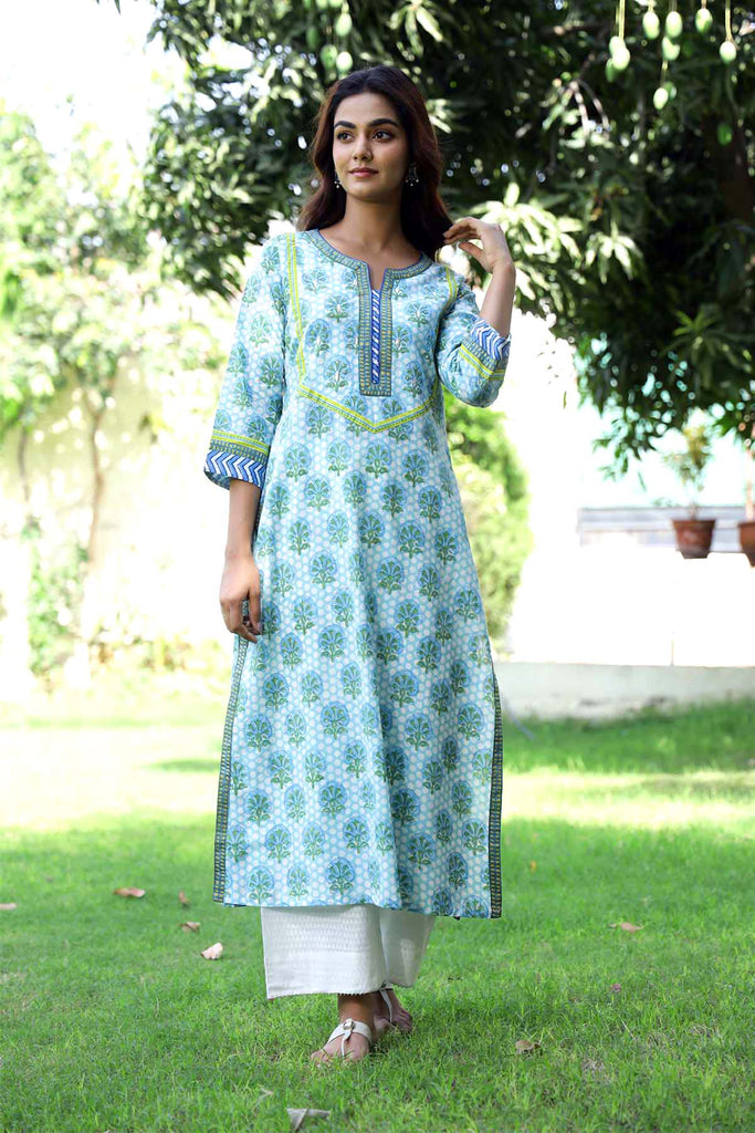 Straight Fit Hand Block Printed Kurta In Sky Blue Color