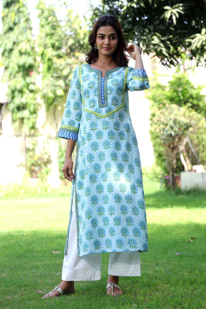 Straight Fit Hand Block Printed Kurta In Sky Blue Color