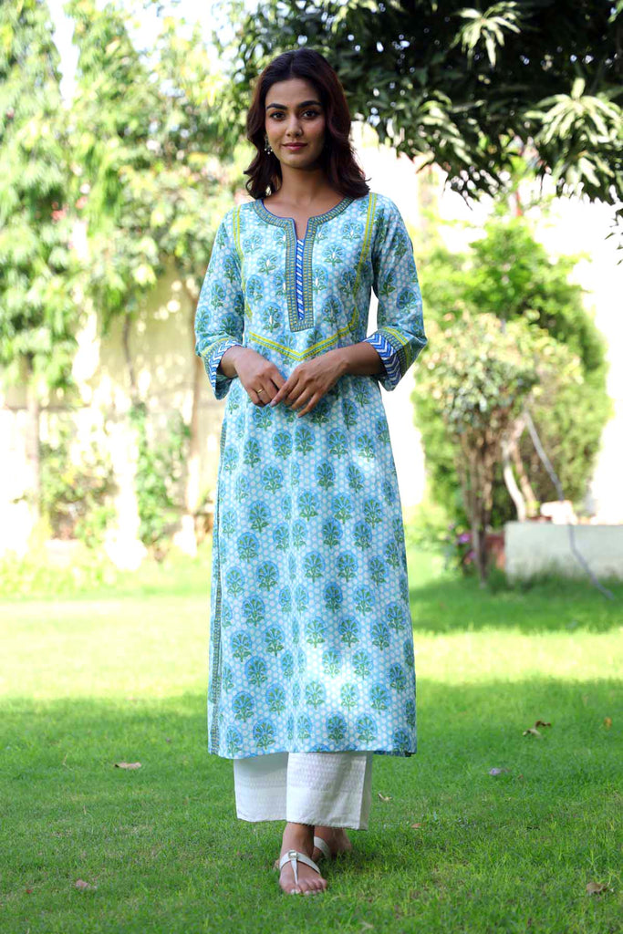 Straight Fit Hand Block Printed Kurta In Sky Blue Color