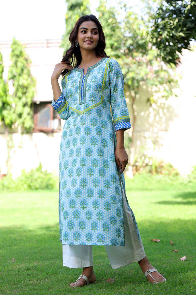 Straight Fit Hand Block Printed Kurta In Sky Blue Color