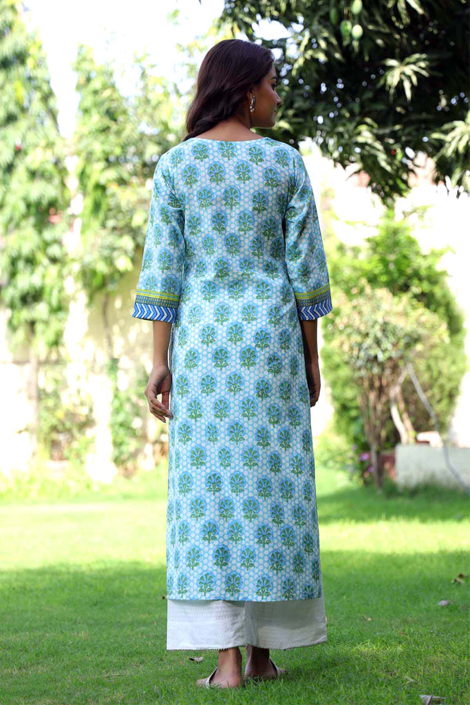 Straight Fit Hand Block Printed Kurta In Sky Blue Color