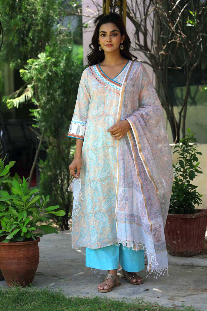 A-Line Kurta In Angrakha Style In hand block print