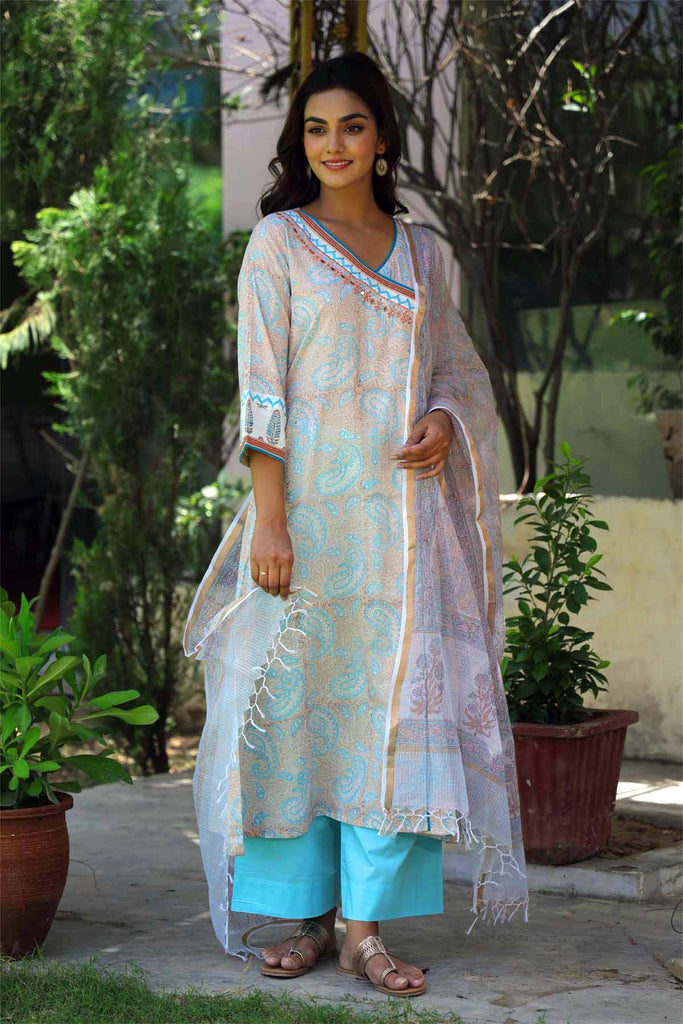 A-Line Kurta In Angrakha Style In hand block print