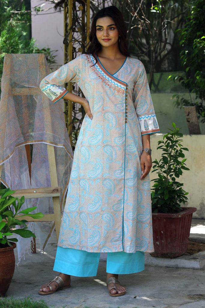 A-Line Kurta In Angrakha Style In hand block print