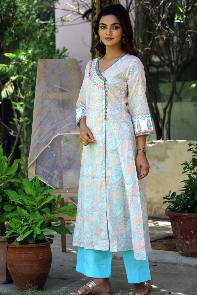 A-Line Kurta In Angrakha Style In hand block print