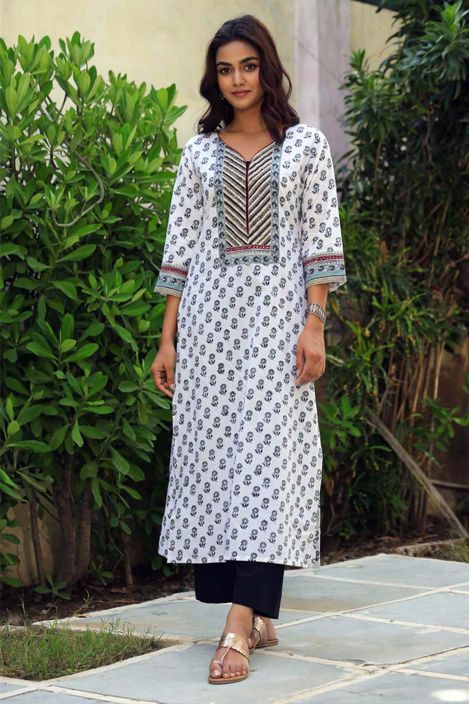 Straight Fit Hand Block Printed Kurta In Black And White Color