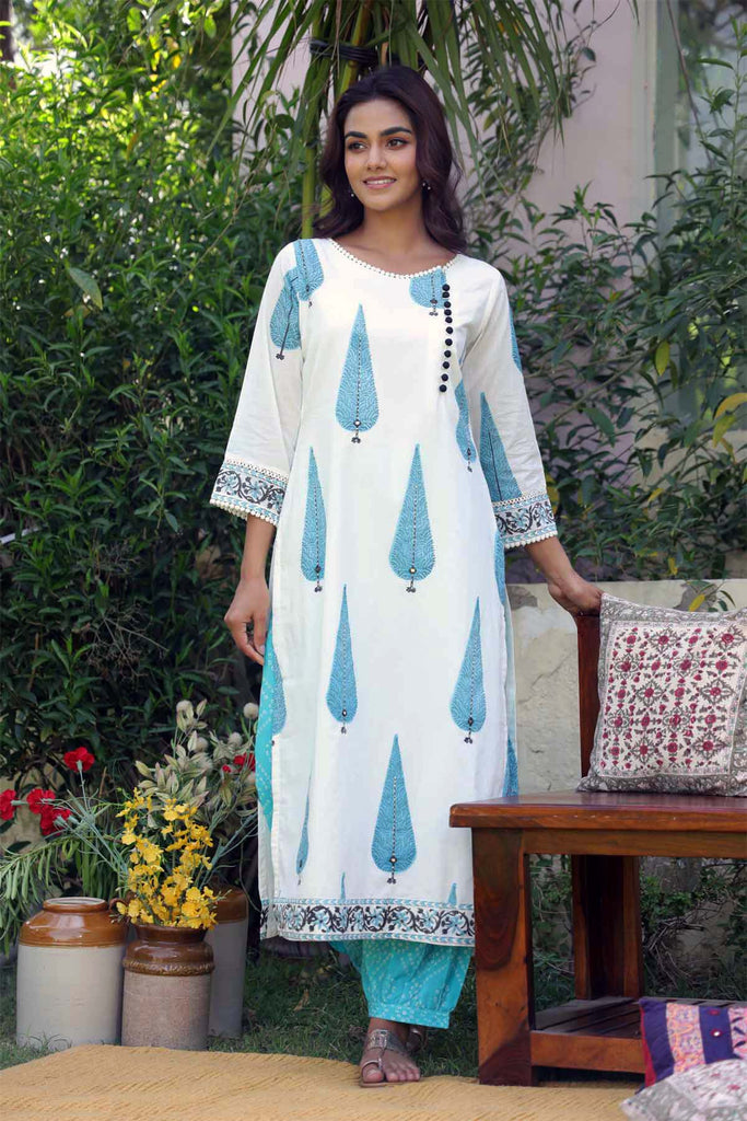 Straight Fit Hand Block Printed Kurta In Off-White Color