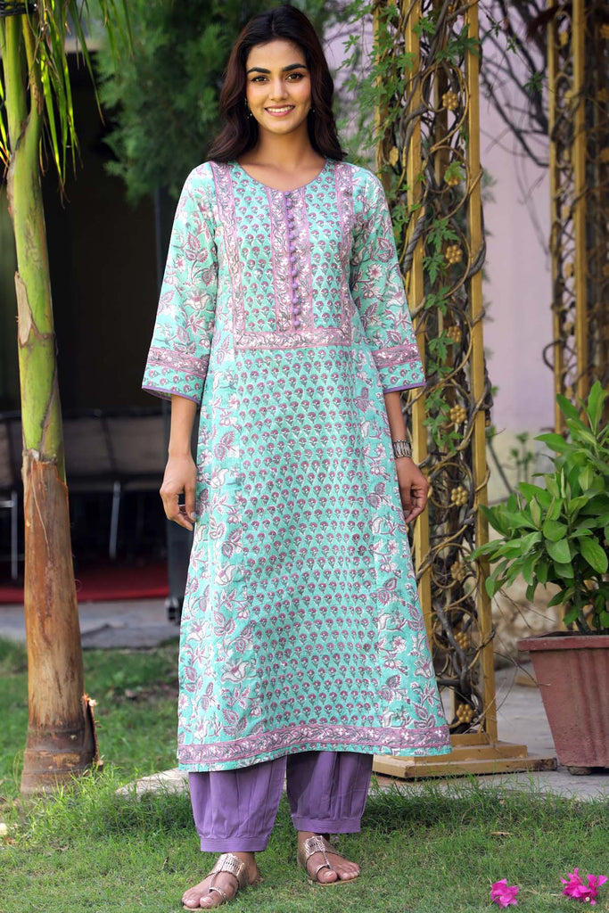 A-Line Hand Block Printed Kurta In Pantone Green Color