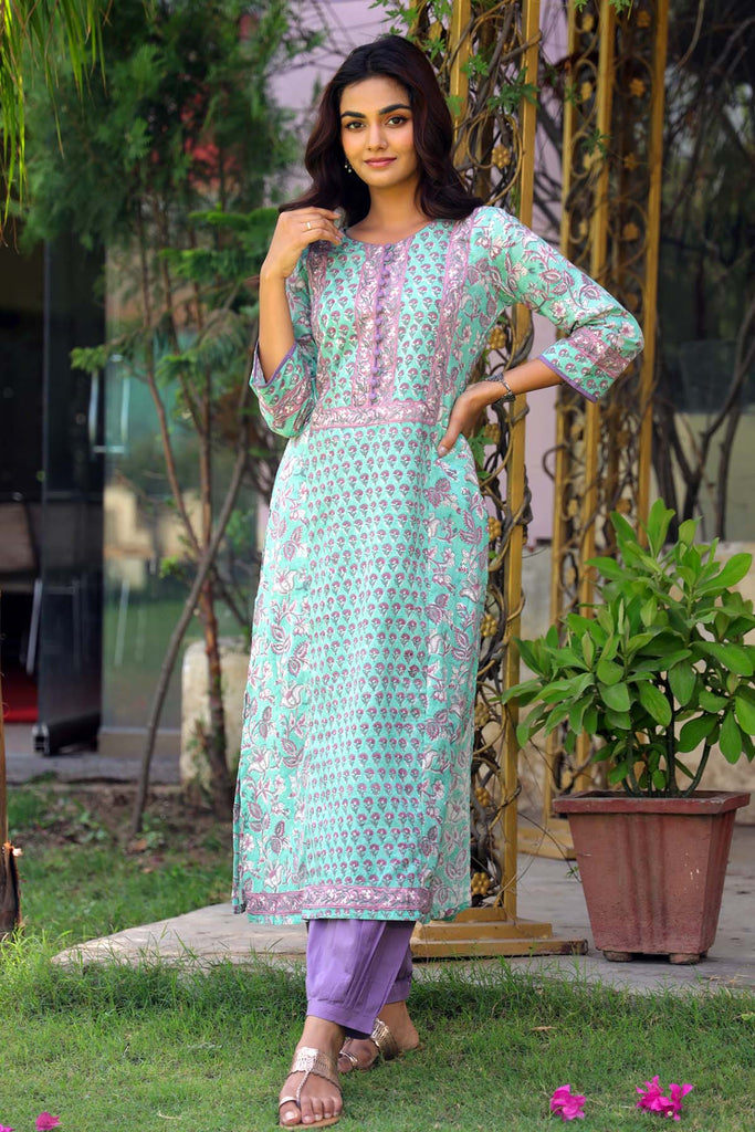 A-Line Hand Block Printed Kurta In Pantone Green Color