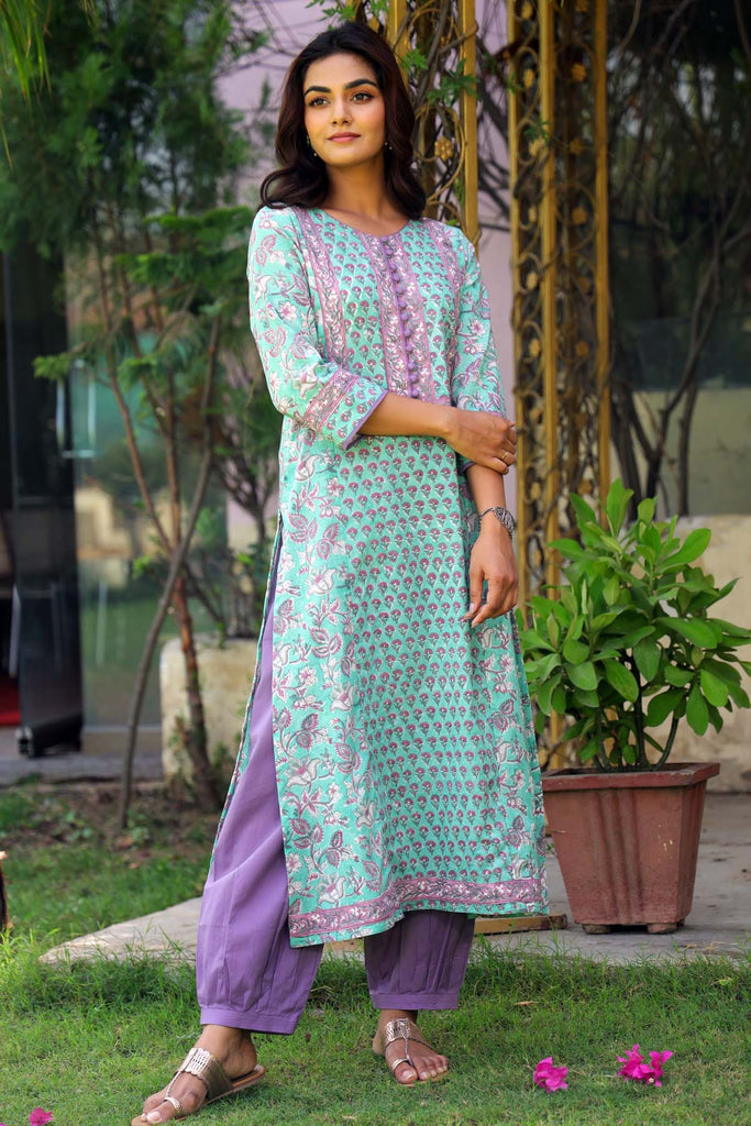 A-Line Hand Block Printed Kurta In Pantone Green Color