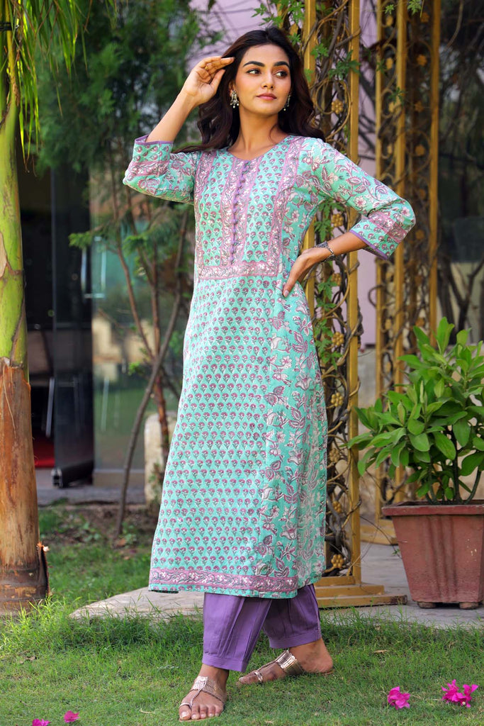 A-Line Hand Block Printed Kurta In Pantone Green Color