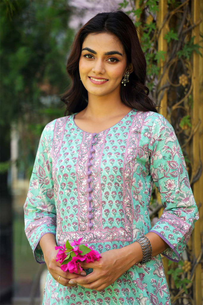 A-Line Hand Block Printed Kurta In Pantone Green Color