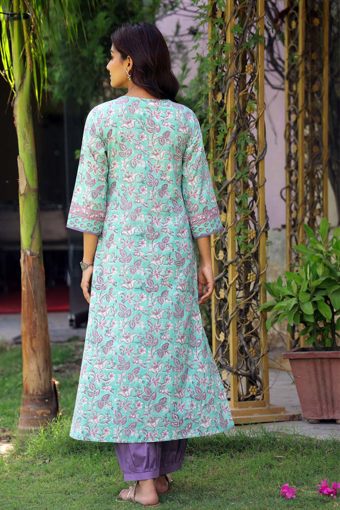 A-Line Hand Block Printed Kurta In Pantone Green Color