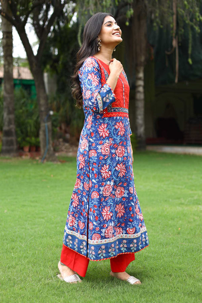 Hand Block Print Kurta In Royal Blue Color