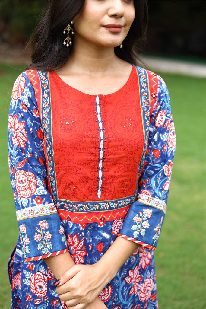 Hand Block Print Kurta In Royal Blue Color