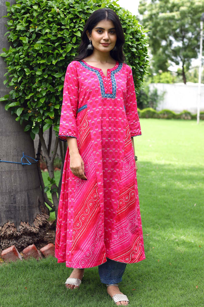 Kalidaar A-Line kurta in Magenta Pink color