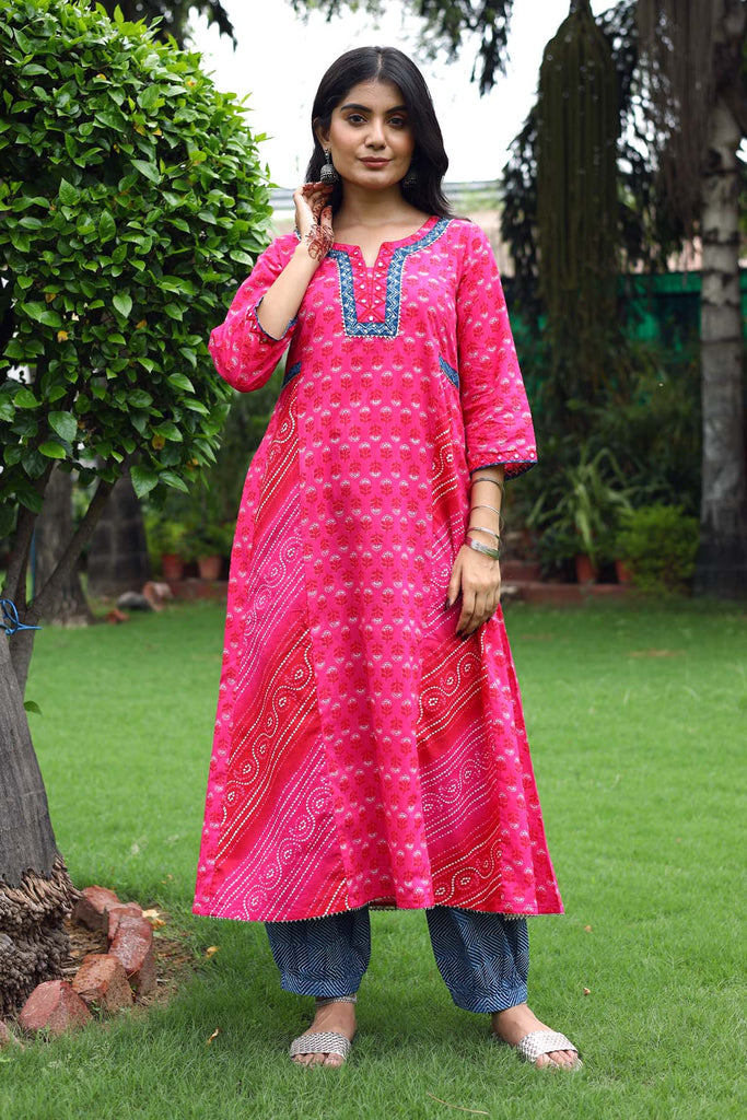 Kalidaar A-Line kurta in Magenta Pink color