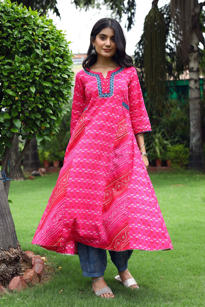 Kalidaar A-Line kurta in Magenta Pink color