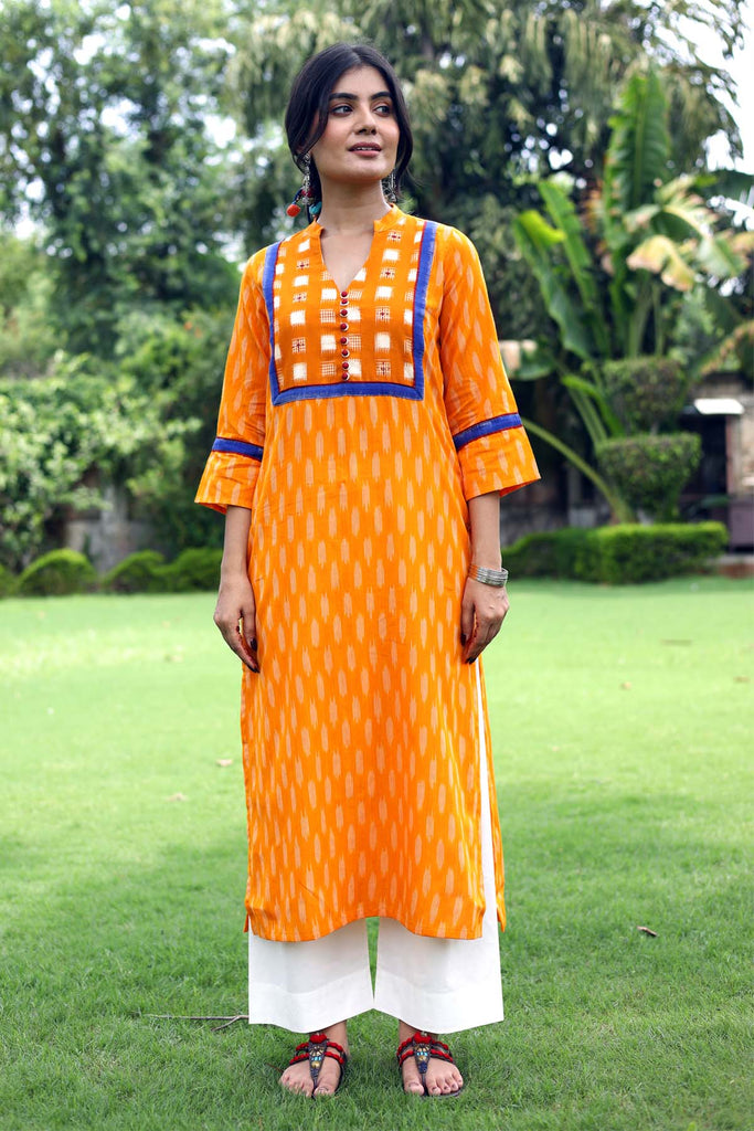 Straight fit mustard color Kurta in Ikat fabric