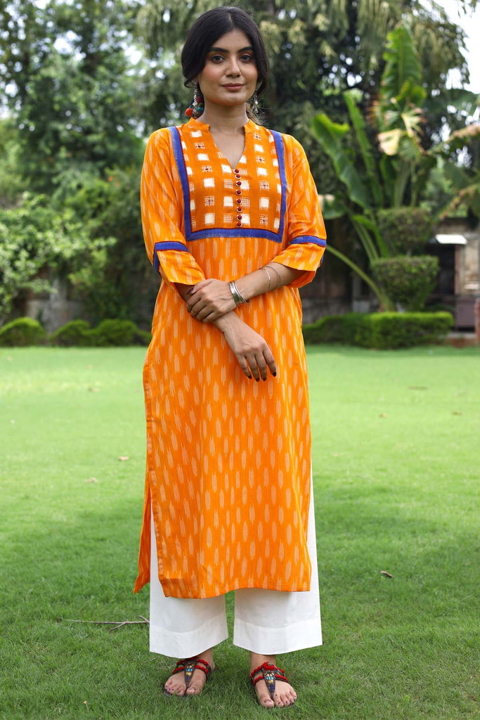 Straight fit mustard color Kurta in Ikat fabric