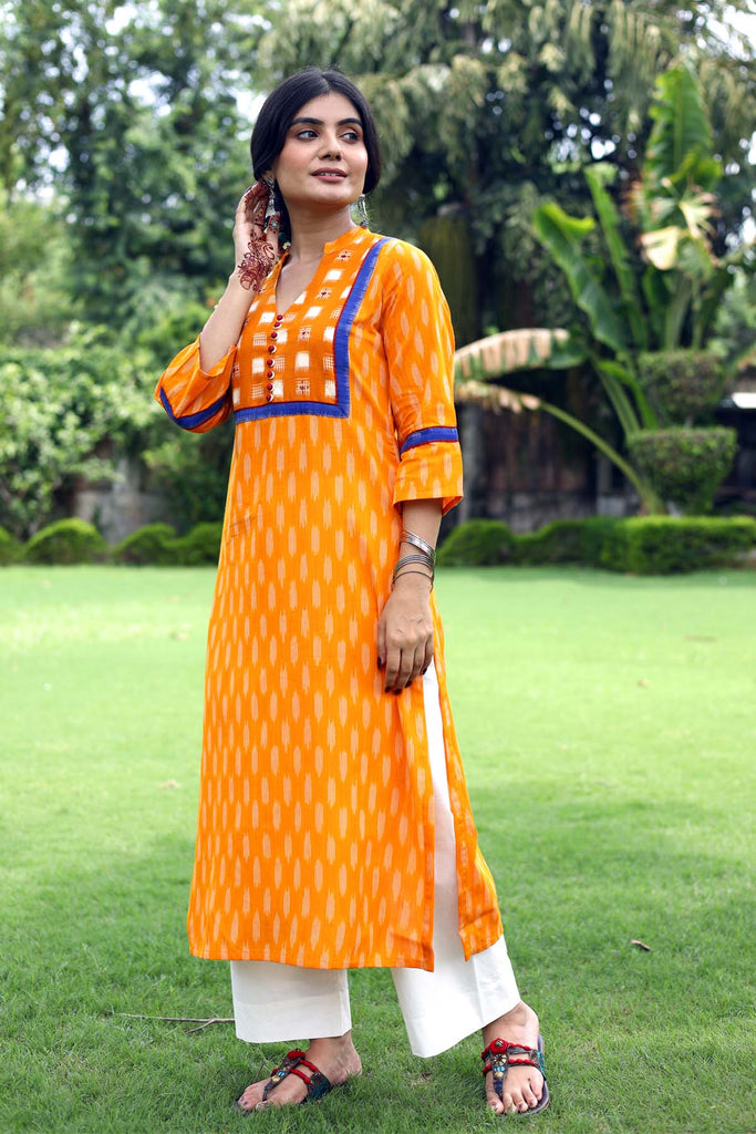 Straight fit mustard color Kurta in Ikat fabric