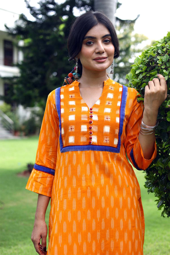 Straight fit mustard color Kurta in Ikat fabric