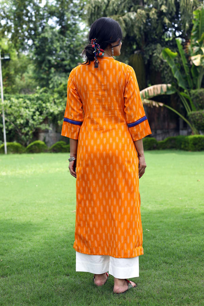 Straight fit mustard color Kurta in Ikat fabric