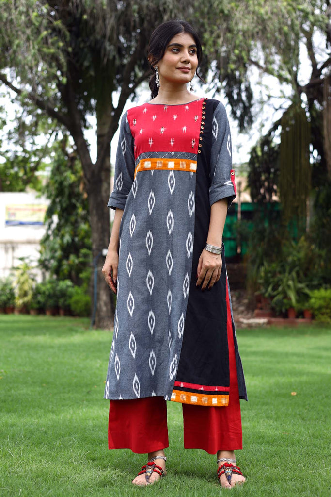 A-Line grey color Kurta in Ikat fabric