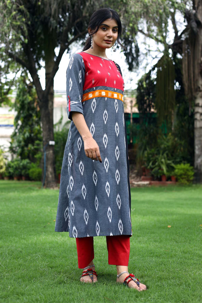 A-Line grey color Kurta in Ikat fabric