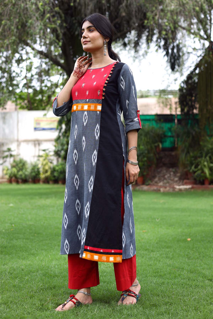 A-Line grey color Kurta in Ikat fabric