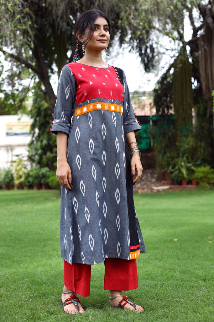 A-Line grey color Kurta in Ikat fabric