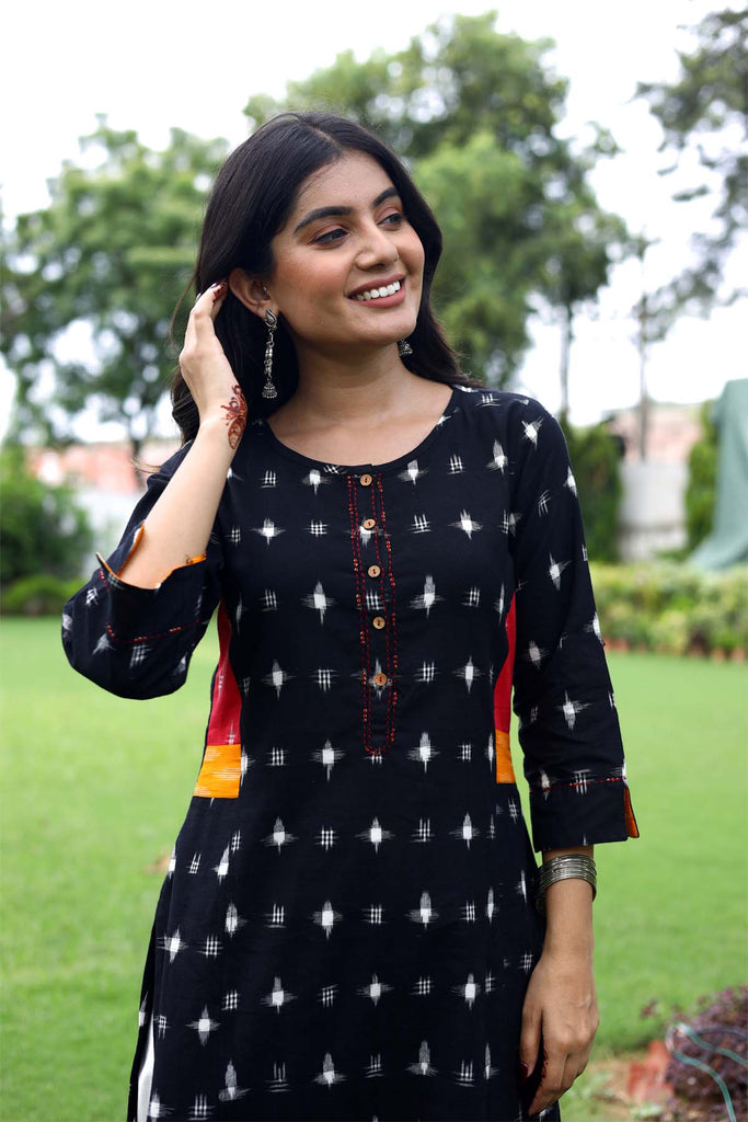 Straight Fit Black Color Kurta In Ikat Fabric