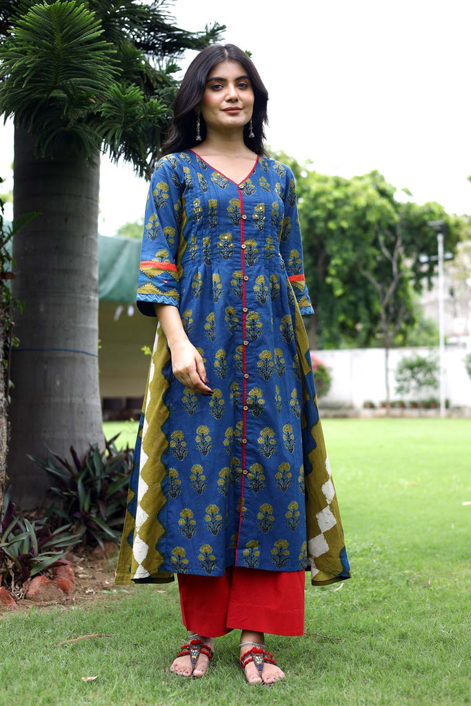 Indigo blue A-Line kurta in Cotton