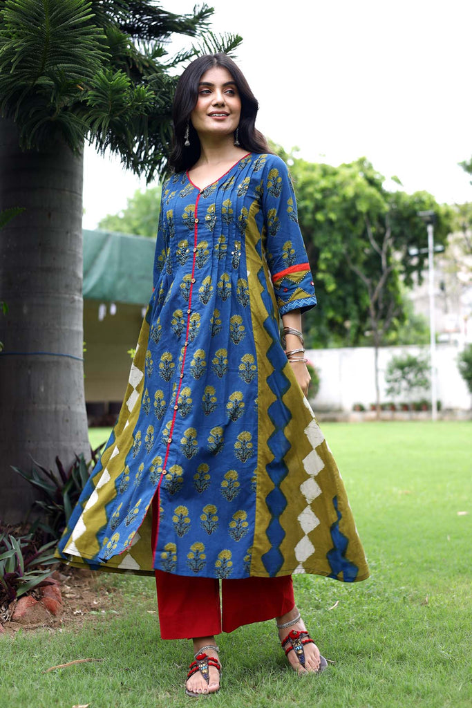 Indigo blue A-Line kurta in Cotton