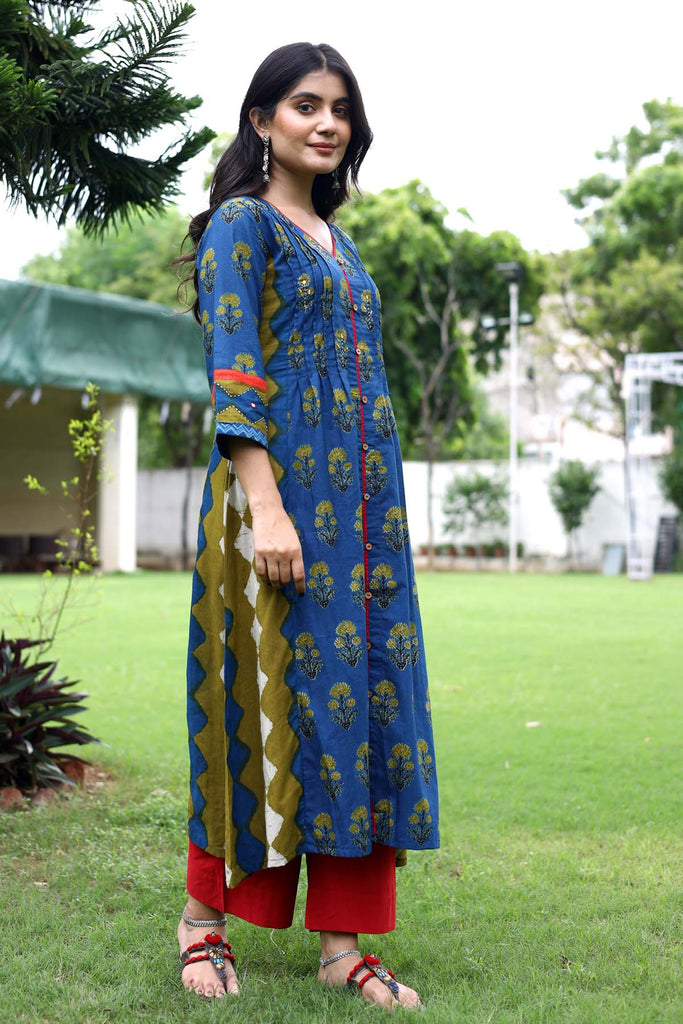 Indigo blue A-Line kurta in Cotton